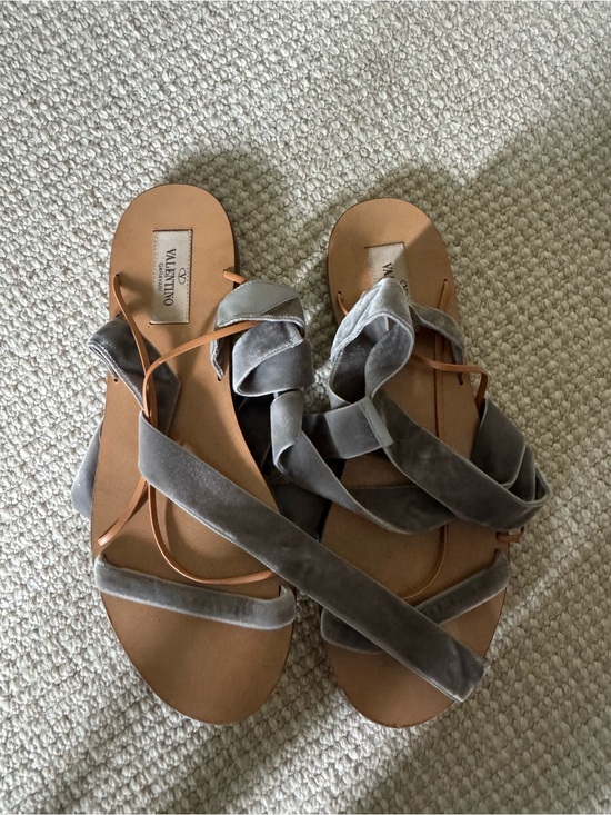 Valentino Shoes - Valentino Gray Velvet Wrap Flat Sandals